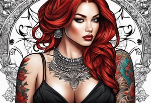 Busty red hair woman with bearded man black hair tattoo idea