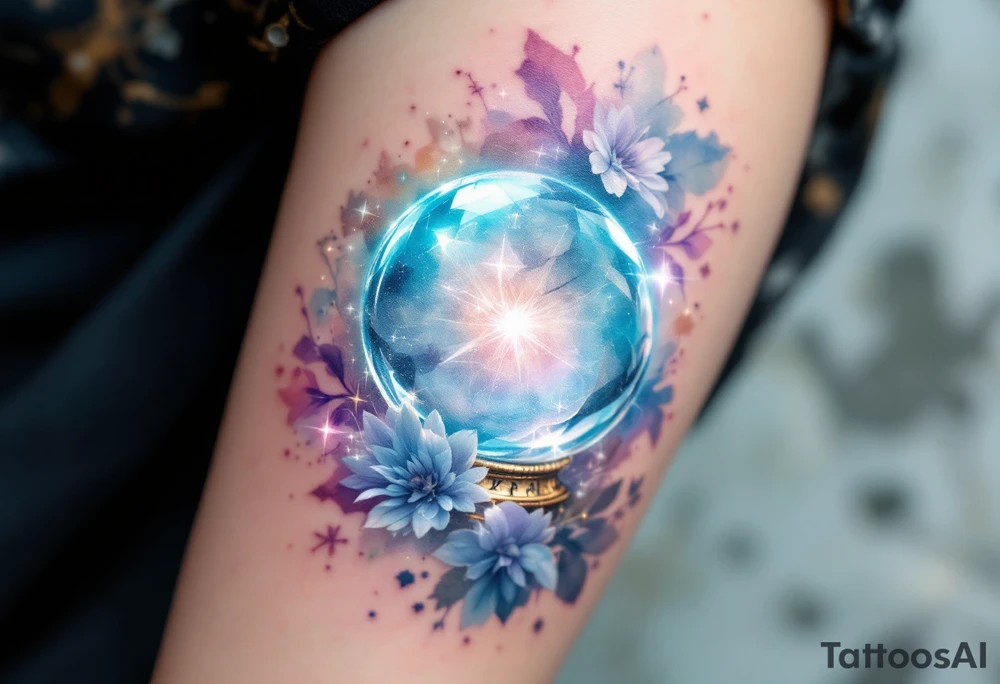 A crystal ball with an ancient clock inside, reflecting a shimmering future in pastel blues and lavenders. tattoo idea