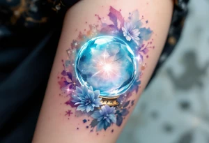 A crystal ball with an ancient clock inside, reflecting a shimmering future in pastel blues and lavenders. tattoo idea