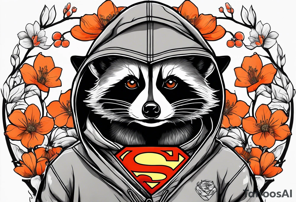 raccoon wearing a black and white Superman hoodie and orange Japanese cherry blossoms tattoo idea