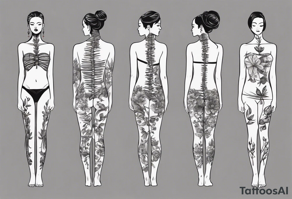 A spine tattoo that incorporates a woman’s figure into the linework tattoo idea