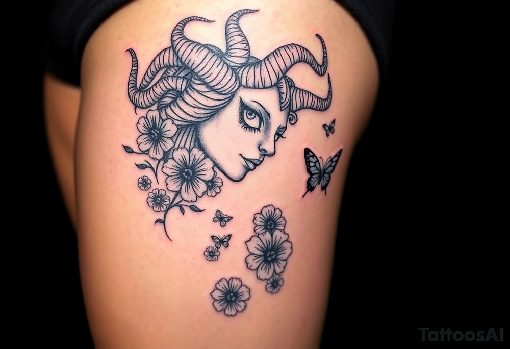 Medusa tattoo, she is standing on the side turning her head against the front with her White eyes! Flowers and butterflyes stouby her tattoo idea