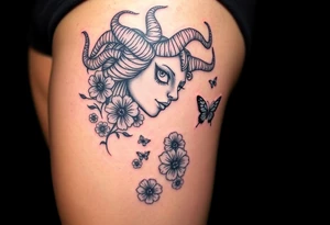 Medusa tattoo, she is standing on the side turning her head against the front with her White eyes! Flowers and butterflyes stouby her tattoo idea