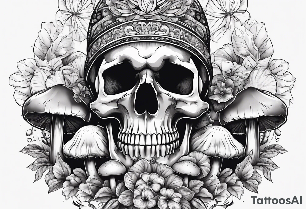 skull and mushrooms tattoo idea
