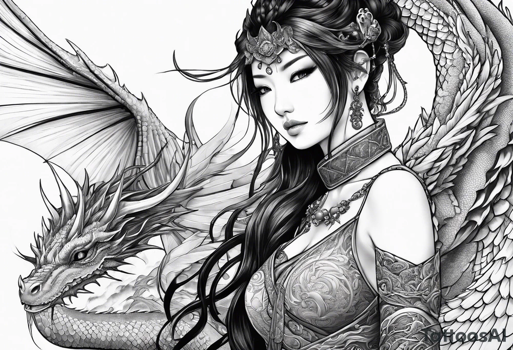 beautiful warrior nymph with dragon wings and a dragon friend tattoo idea