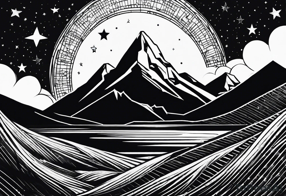 Mountain one Peak, sea waves, space with two littel Stars, geometrical Forms surrounding with dashed lines overlapping tattoo idea