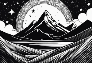 Mountain one Peak, sea waves, space with two littel Stars, geometrical Forms surrounding with dashed lines overlapping tattoo idea