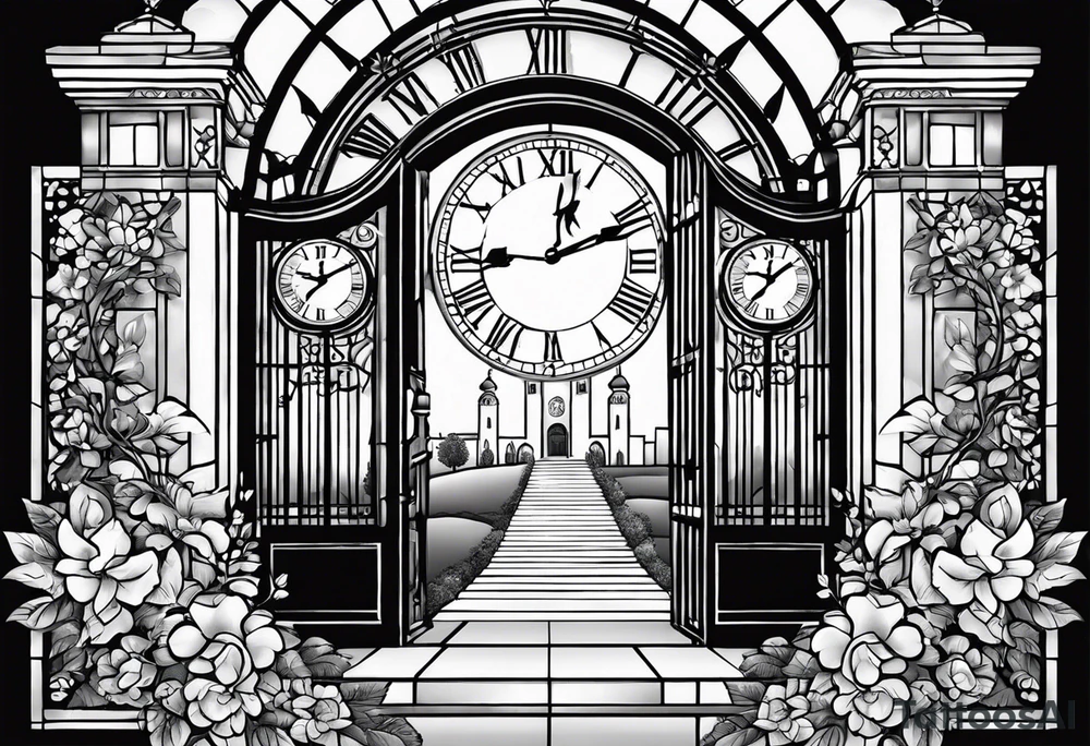 Memorializing Mawmaw
07-05-38 / 09-23-24
Grandson and grandma walking up to the gates of heaven with the gates opened shinning bright with a cross and Doves flying around 
Big Busted clock behind it with the time of her death 7:00pm tattoo idea