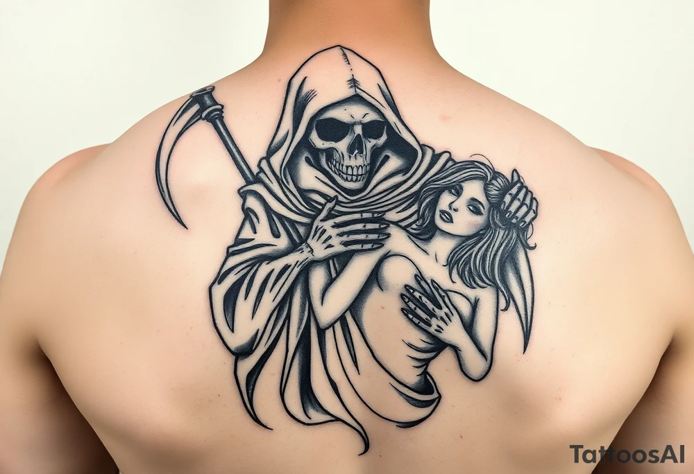 Grim reaper protecting woman tattoo idea