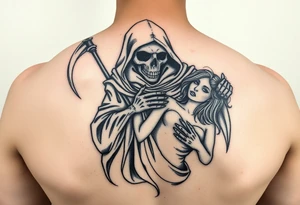 Grim reaper protecting woman tattoo idea