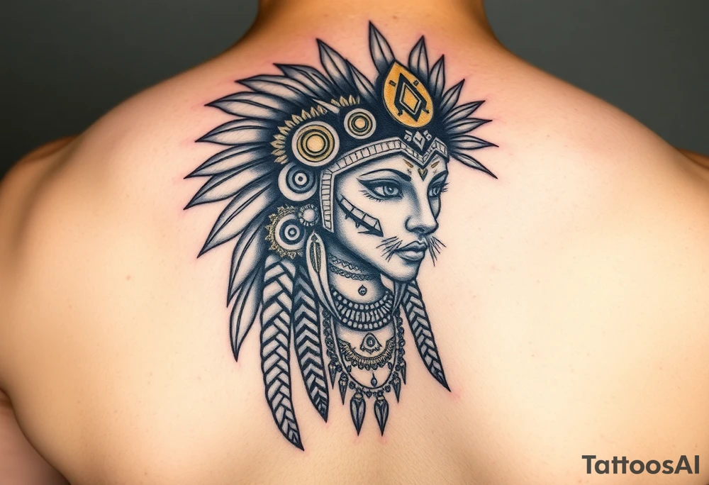 Aztec princess with a panther headdress with gold accents tattoo idea