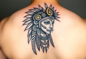 Aztec princess with a panther headdress with gold accents tattoo idea