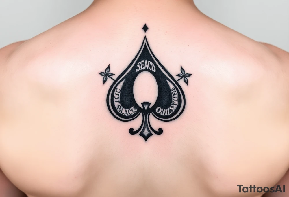 A spade womb tattoo with a Q in the center, with three points around the outside. The first reading, "BLACK". The second reading, "SEED". The third reading, "ONLY". tattoo idea