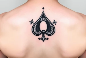 A spade womb tattoo with a Q in the center, with three points around the outside. The first reading, "BLACK". The second reading, "SEED". The third reading, "ONLY". tattoo idea