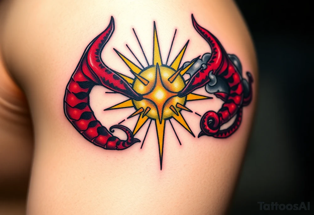 A shining golden halo, surrounded by light and rays of peace, clashing with red, twisted horns curling from the opposite side, dark and menacing, with smoke and shadows, symbolizing a battle between holiness and temptation. tattoo idea
