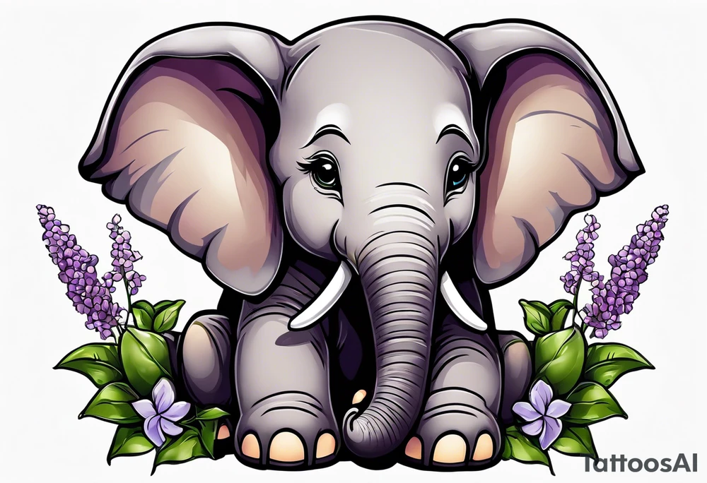 Baby elephant sitting with lilacs in its trunk tattoo idea