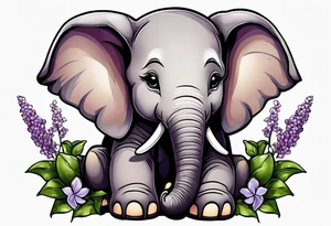 Baby elephant sitting with lilacs in its trunk tattoo idea
