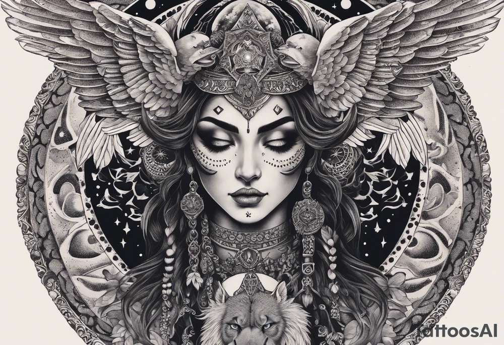 black kali, goddess pirate, alien, angel, pachamama, valkrye, warrior, flying, skull, lotus azul, wing, eagle, zenza resonance, stars, 5D, anahata chakra, death, durga, riding on a tiger, flying lady, chest tatoo tattoo idea