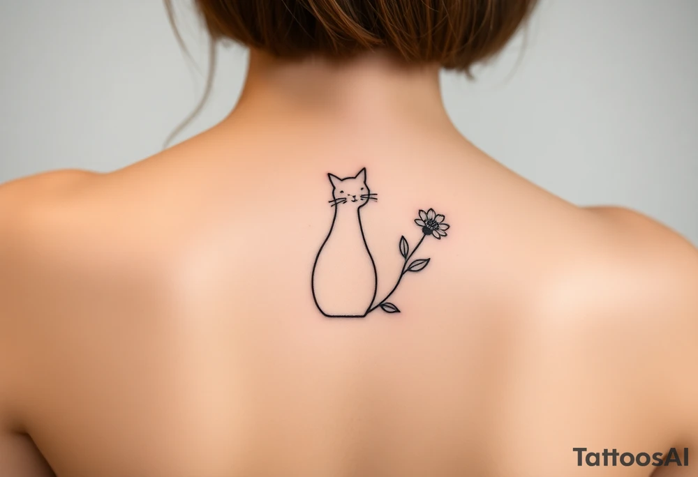 Line tattoo of a cat figure combining into a flower stem with a cute flower tattoo idea