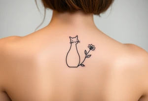 Line tattoo of a cat figure combining into a flower stem with a cute flower tattoo idea