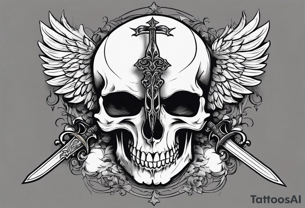 In the center is a half skull pierced by a large sword. On either side of the skull, there are spread angel wings, creating an impression of protection and majesty. Beneath the skull is a ribbon that weaves through both the skull and the sword tattoo idea