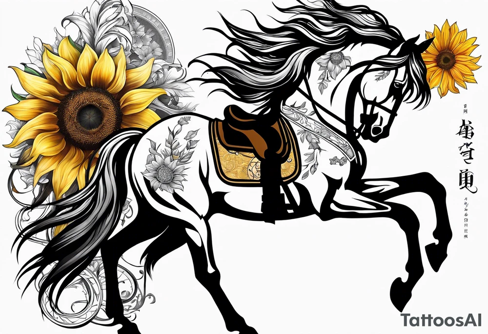 Horse, compass, sunflower tattoo idea