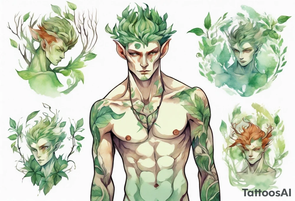a slender and beautiful male dryad with pale green skin and auburn hair tattoo idea