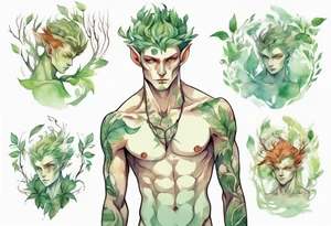 a slender and beautiful male dryad with pale green skin and auburn hair tattoo idea