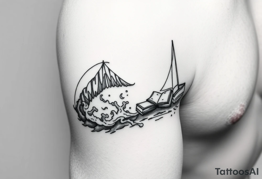 A black and white tattoo that will go on side of the wrist. This is for someone who loves ocean, travel and books. tattoo idea