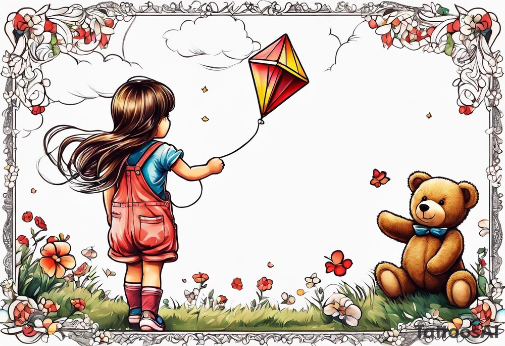 back image of a little girl flying a kite with a teddy bear wearing overalls standing beside her tattoo idea