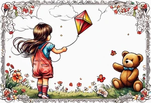 back image of a little girl flying a kite with a teddy bear wearing overalls standing beside her tattoo idea