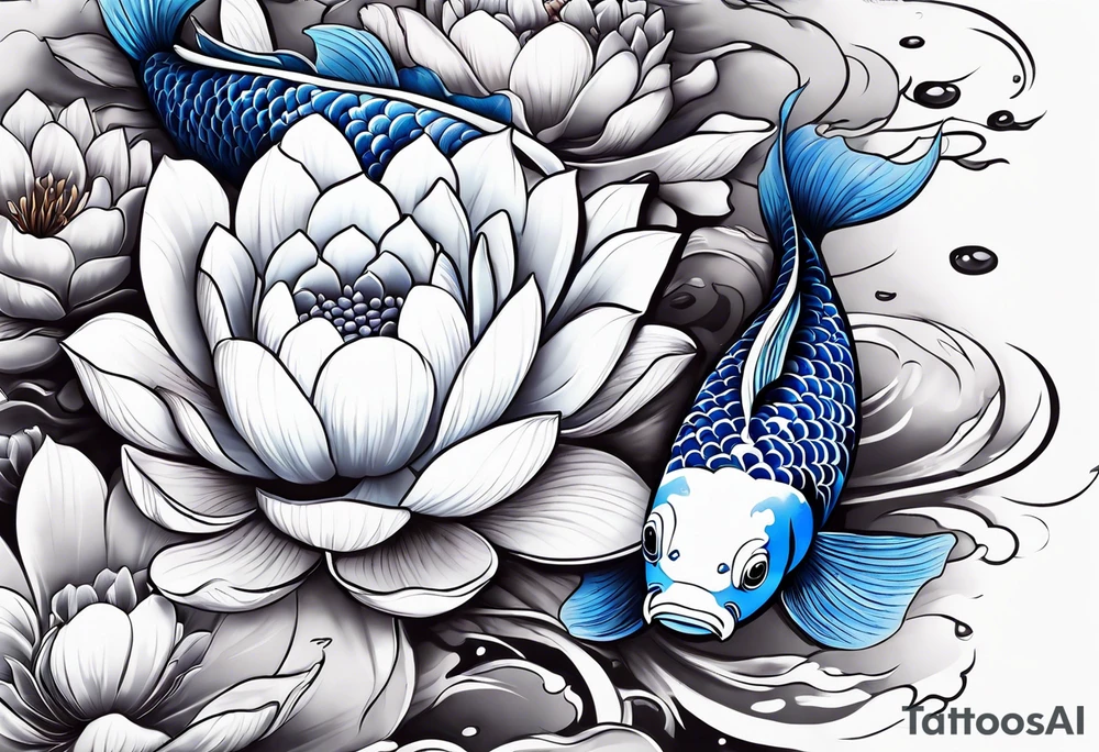 Two Blue and white  Koi swimming between and lotus flowers tattoo idea