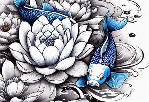 Two Blue and white  Koi swimming between and lotus flowers tattoo idea