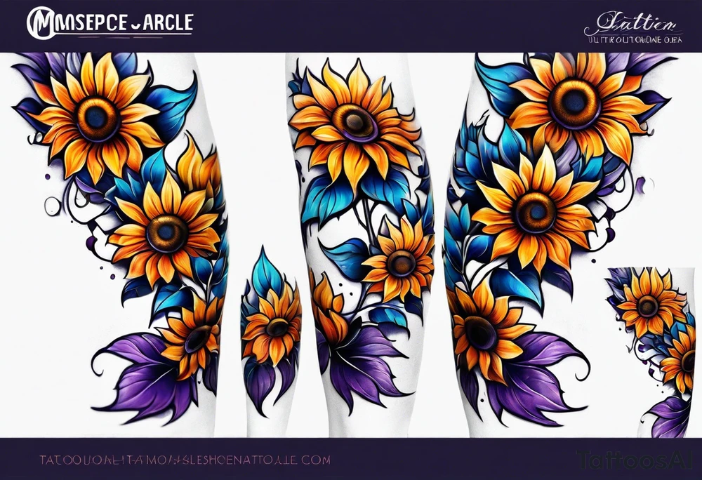 Full leg sleeve with purple, orange and blue sunflowers tattoo idea