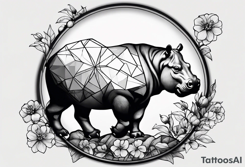 Asymmetrical, geometric, chinese ink art touch, hippo , full moon, wintersweet flower, light , modify from my favourite tattoo idea