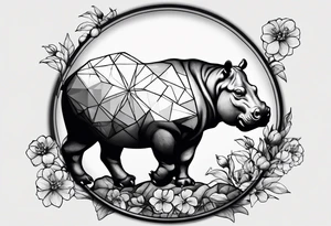 Asymmetrical, geometric, chinese ink art touch, hippo , full moon, wintersweet flower, light , modify from my favourite tattoo idea