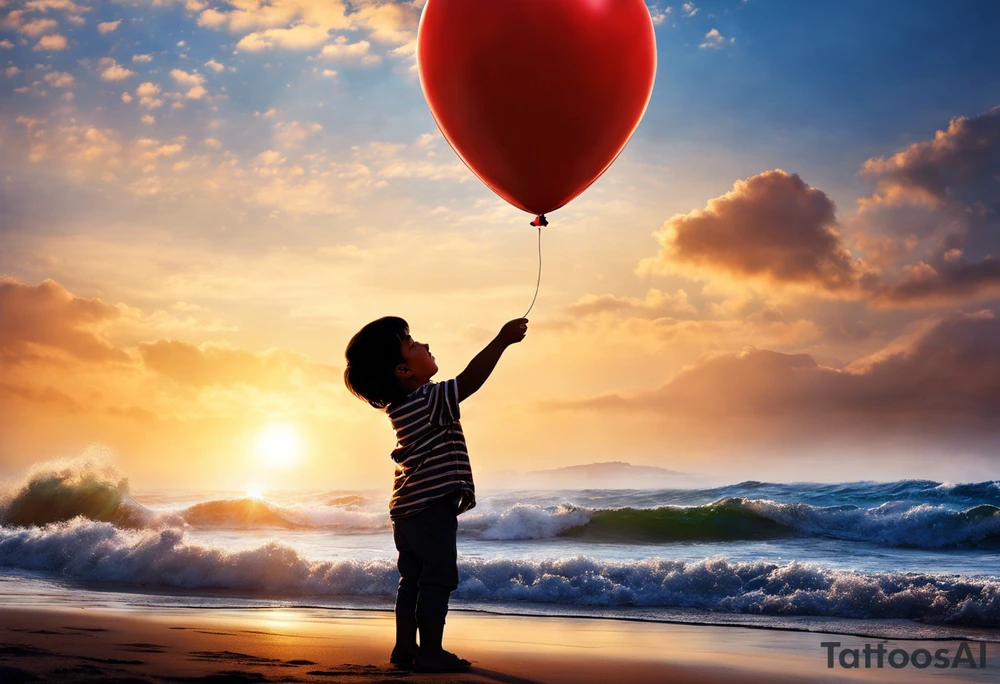 little boy holding a string to the earth shaped baloon.
boy should be drawed from behinfd anhas one hand reaching up in 45 degree angle and holding the baloon string
the string has a big wave in like a hearbeat pulse on it.
baloon is in the shape of the eharth and red toned. tattoo idea