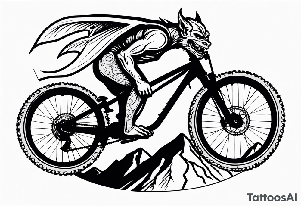 gargoyle riding a full suspension mountain bike with a shadow no background tattoo idea