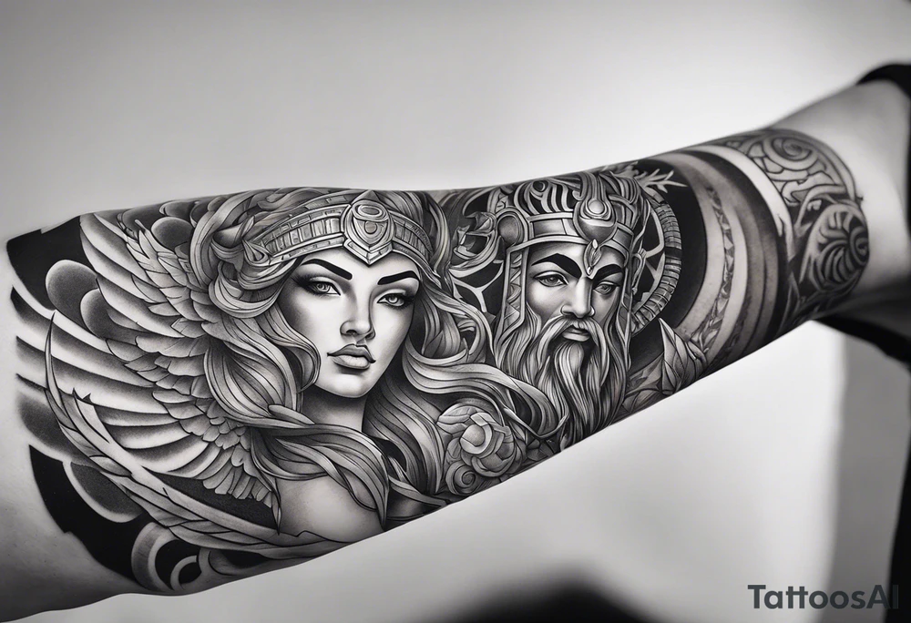Arm sleeve. Mixed gods including.
Greek gods & Egyptian gods & norse gods tattoo idea