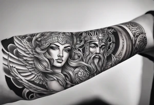 Arm sleeve. Mixed gods including. 
Greek gods & Egyptian gods & norse gods tattoo idea