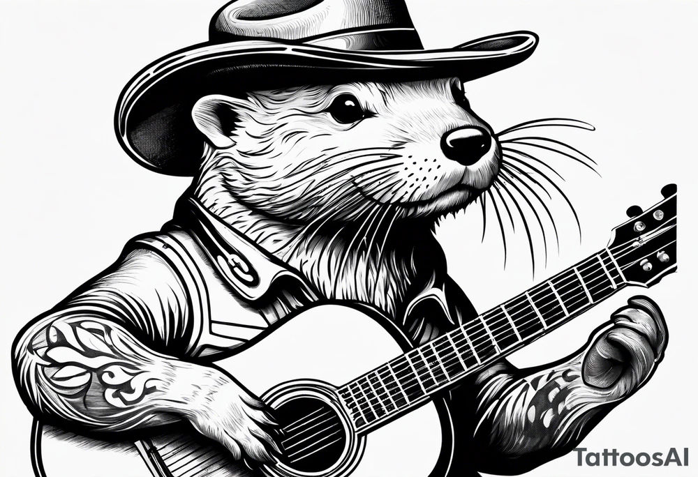an otter swimming playing a banjo wearing a cowboy hat tattoo idea
