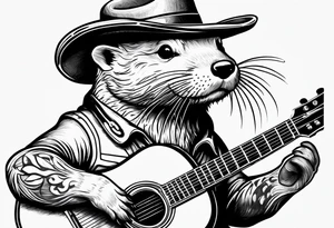 an otter swimming playing a banjo wearing a cowboy hat tattoo idea