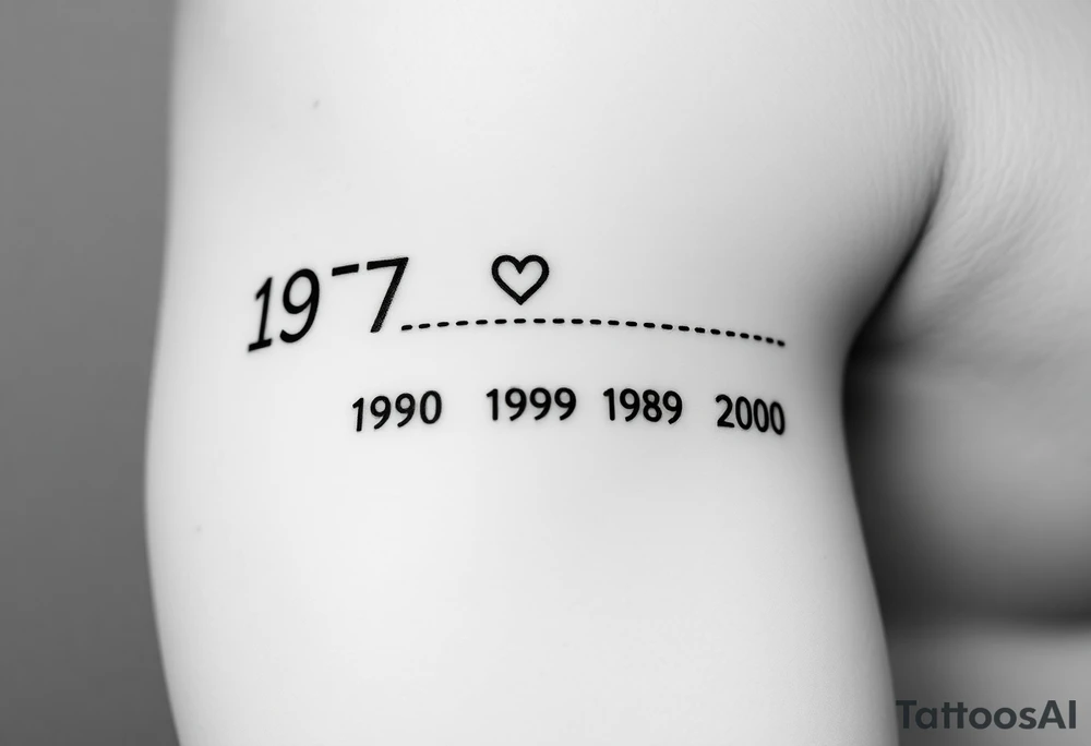 Top Line: The parent's birth year (1957) will be at the top, centered.  A small heart will be placed either directly beside it or slightly above it.
 * Timeline Line: A faint, dotted line will extend horizontally from the parent's year, representing the timeline.
 * Children's Years: Four birth years (1980, 1989, 1998, 2000) will be placed below the dotted line, evenly spaced.
Visualizing It:
Imagine it like this:
          1957 <3 
    .......................
    1980   1989   1998   2000
     L          E             K         J tattoo idea
