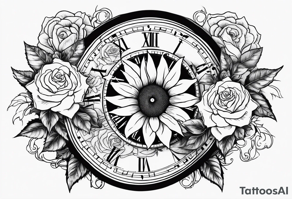 Sunflower, roses, witchy, 3 pocket watches, celestial, music tattoo idea