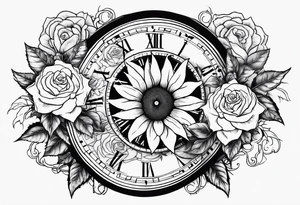 Sunflower, roses, witchy, 3 pocket watches, celestial, music tattoo idea