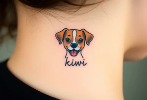 One line tattoo of female dog with white strip going up dog’s snout slightly off centered. With tongue slightly out and the name kiwi tattoo idea
