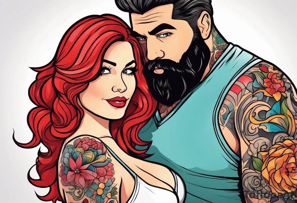 Busty Red haired woman with black haired bearded man tattoo idea