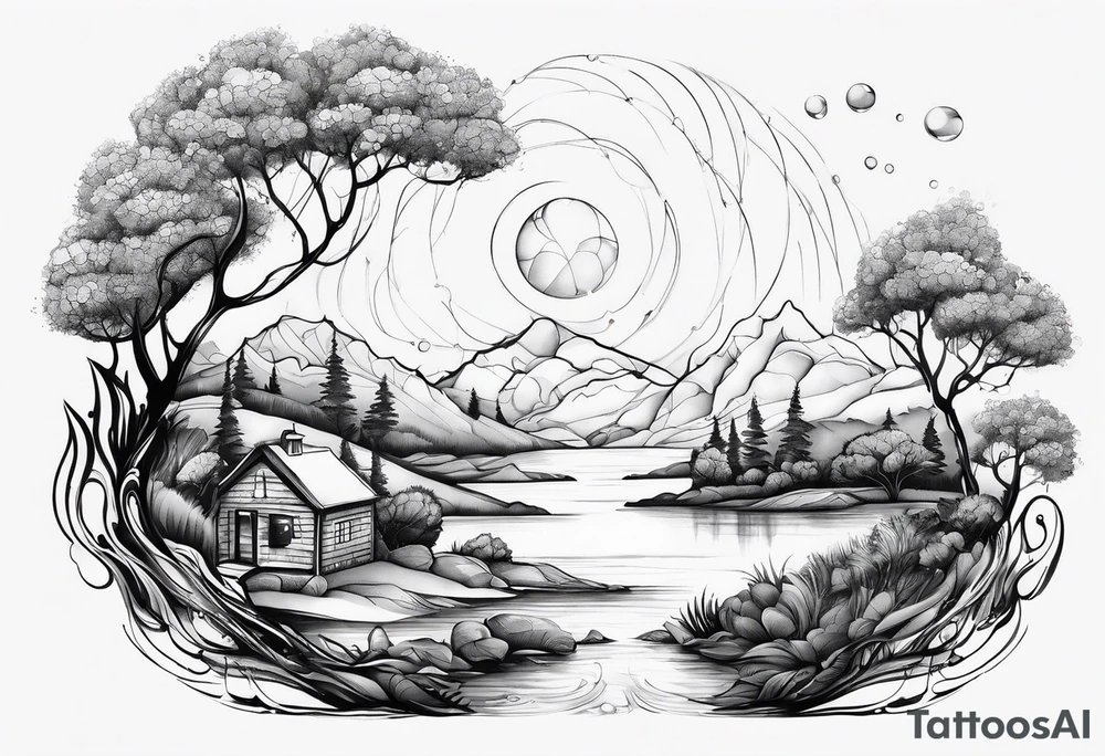 Big water Drops. In each Drop you can see a small world or Universe such as landscapes, Villages, Sky. tattoo idea