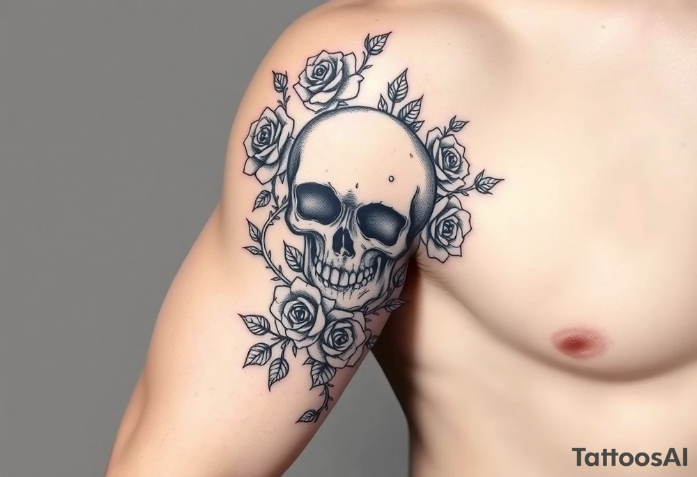 gothic skull intertwined with climbing roses and thorny vines tattoo idea