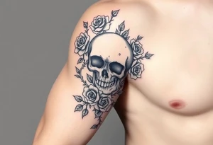 gothic skull intertwined with climbing roses and thorny vines tattoo idea